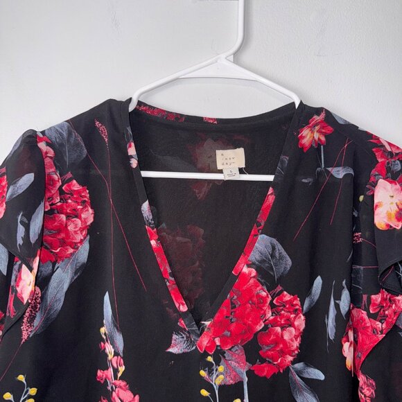 Floral V-Neck Chiffon Blouse A New Day L Black Red Pink Floral Print Long Sleeve - Picture 6 of 9